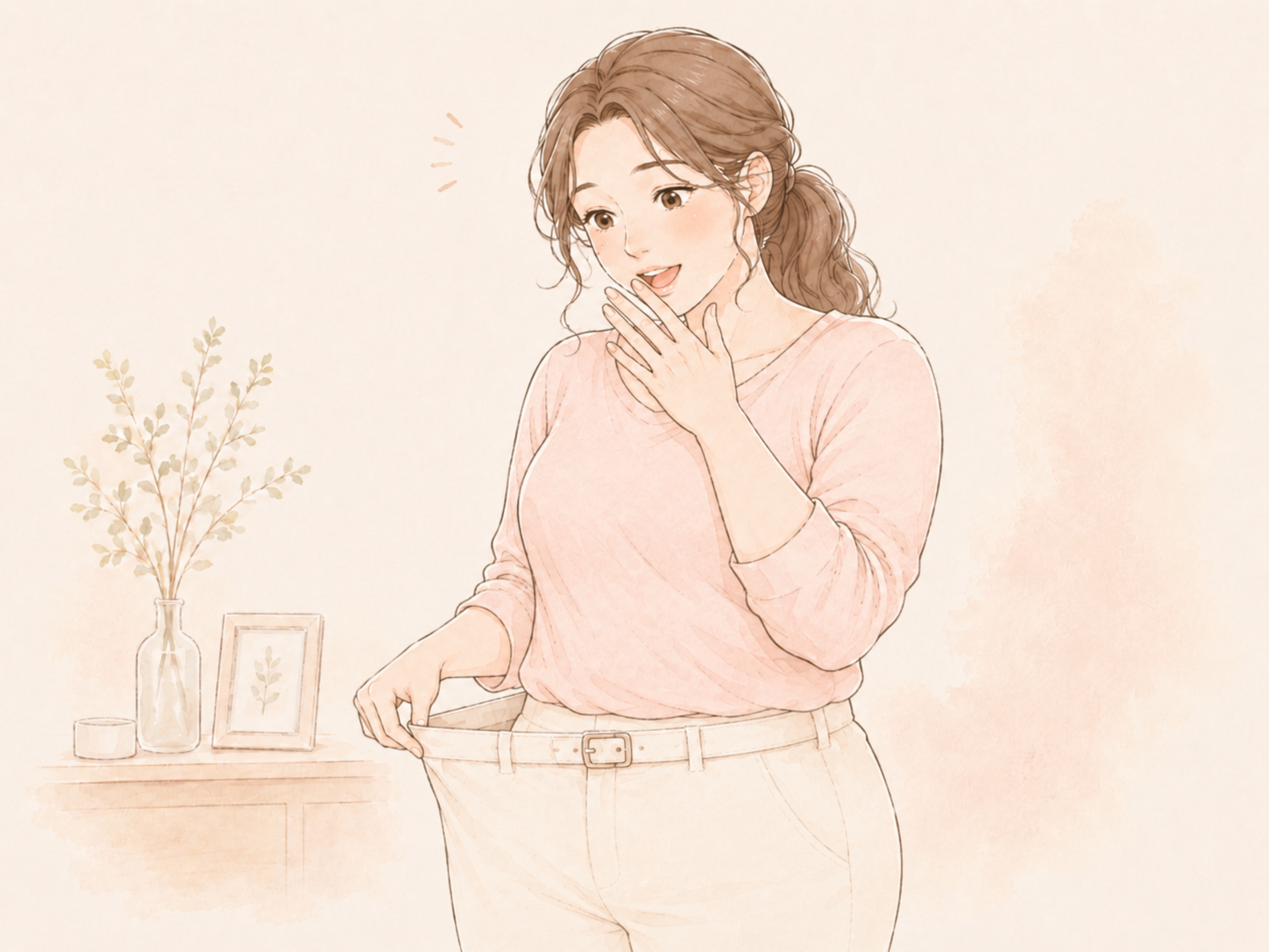 ベルトの穴が少しゆるくなって驚く女性のイラスト