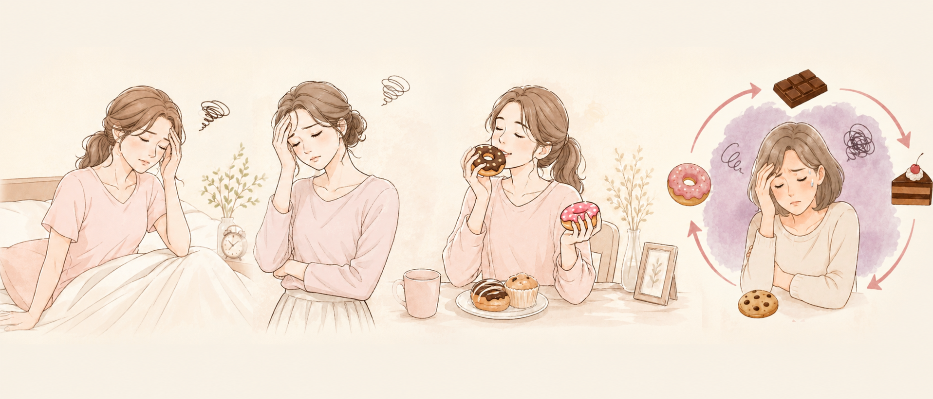 疲れやストレスから甘いものを食べたくなる流れを表した女性のイラスト